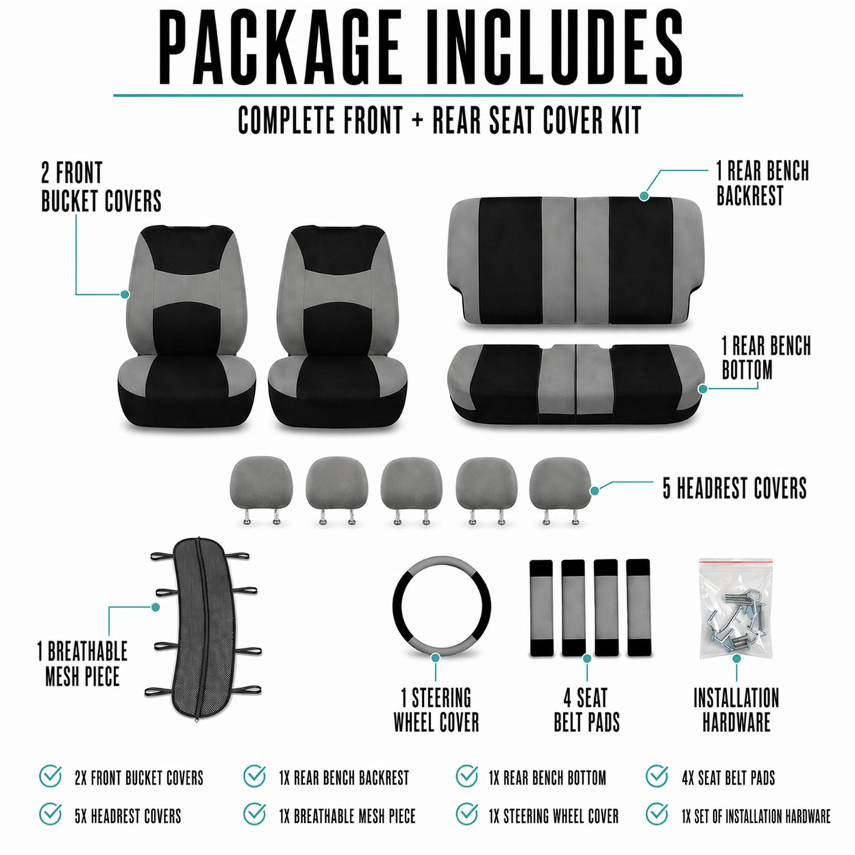Gray Black Universal Fit Automotive Seat Covers Combo Set with Steering Wheel Cover and Seat Belt Pad K9338