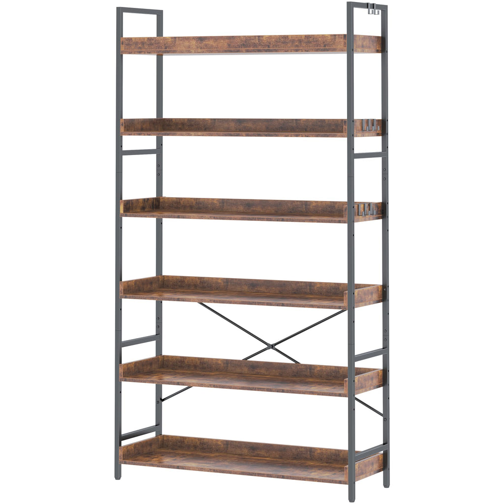 Adjustable 6-Tier Wood and Black Metal Bookshelf Q794433