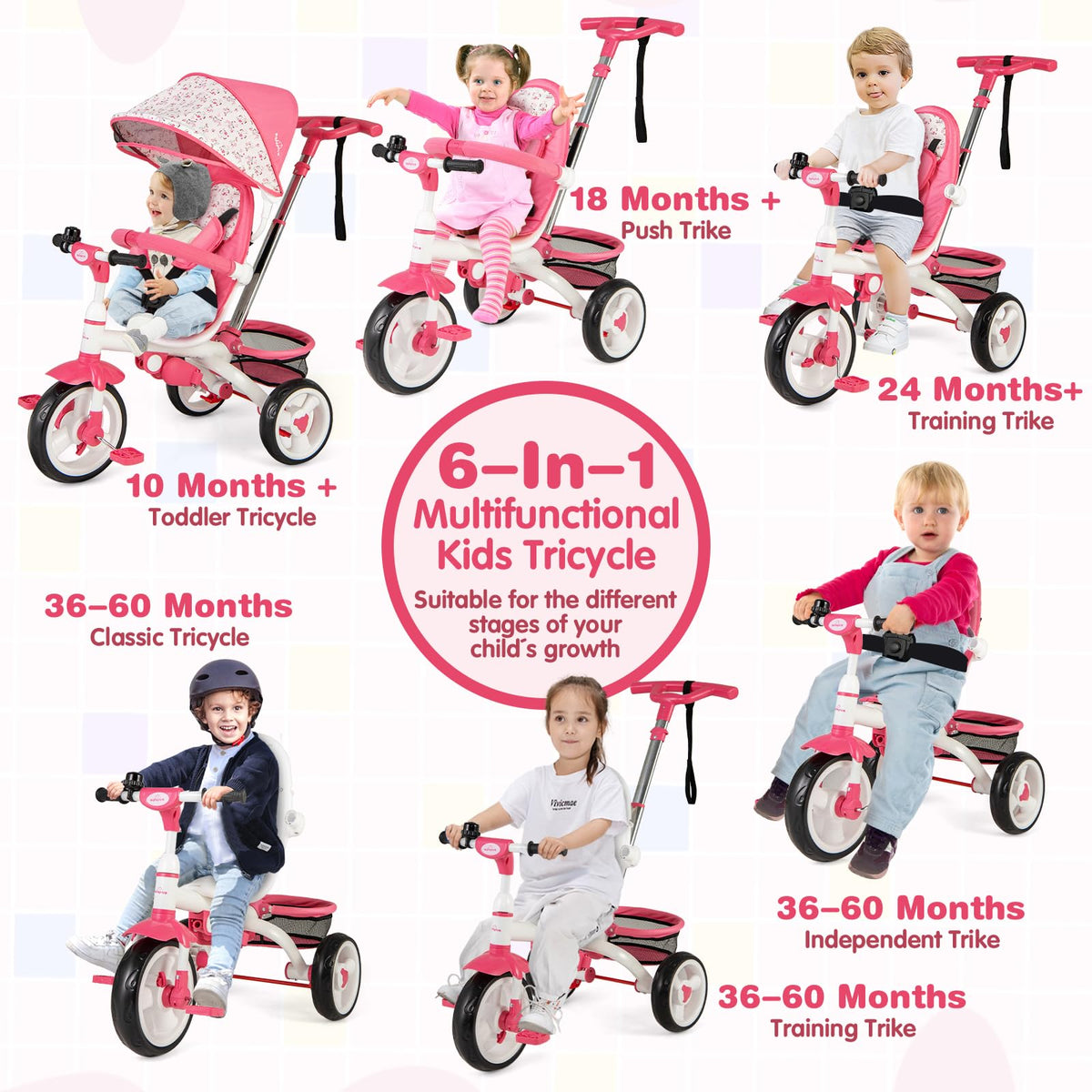 Pink 6 in 1 Toddler Tricycle with Parent Handle E9386