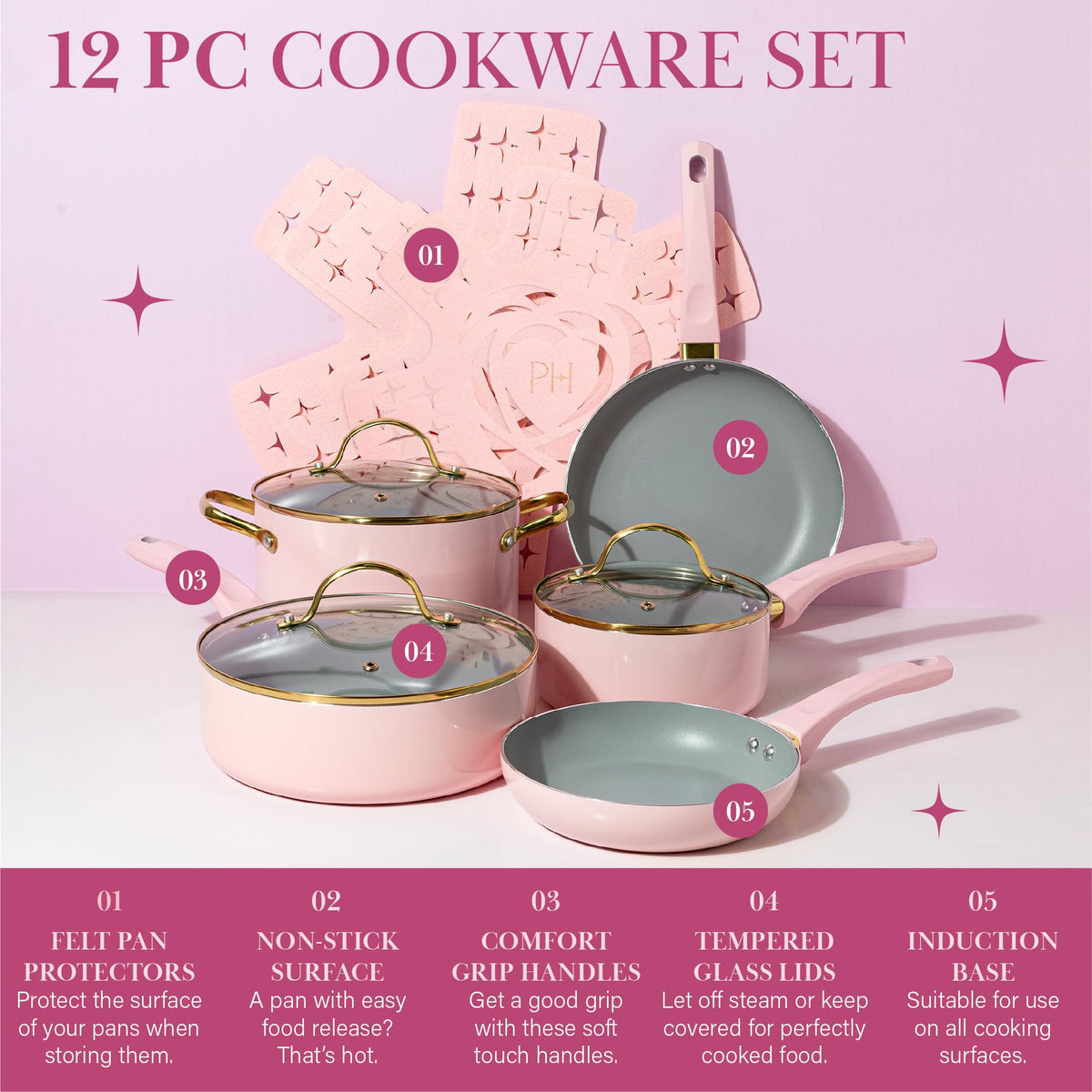 12 Piece Pink Nonstick Cookware Set O871685