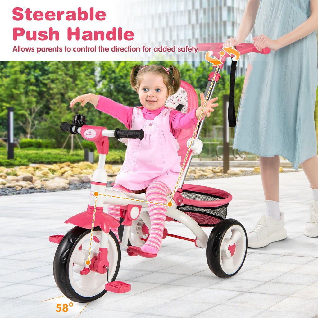 Pink 6 in 1 Toddler Tricycle with Parent Handle E9386
