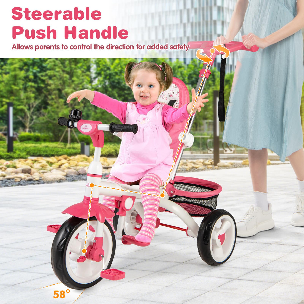 Pink 6 in 1 Toddler Tricycle with Parent Handle E9386