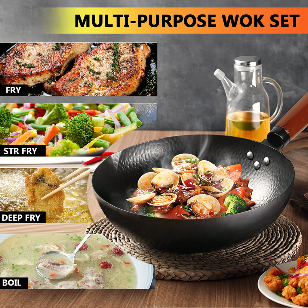 14 Piece Carbon Steel Wok Pan Set with Wooden Lid W283