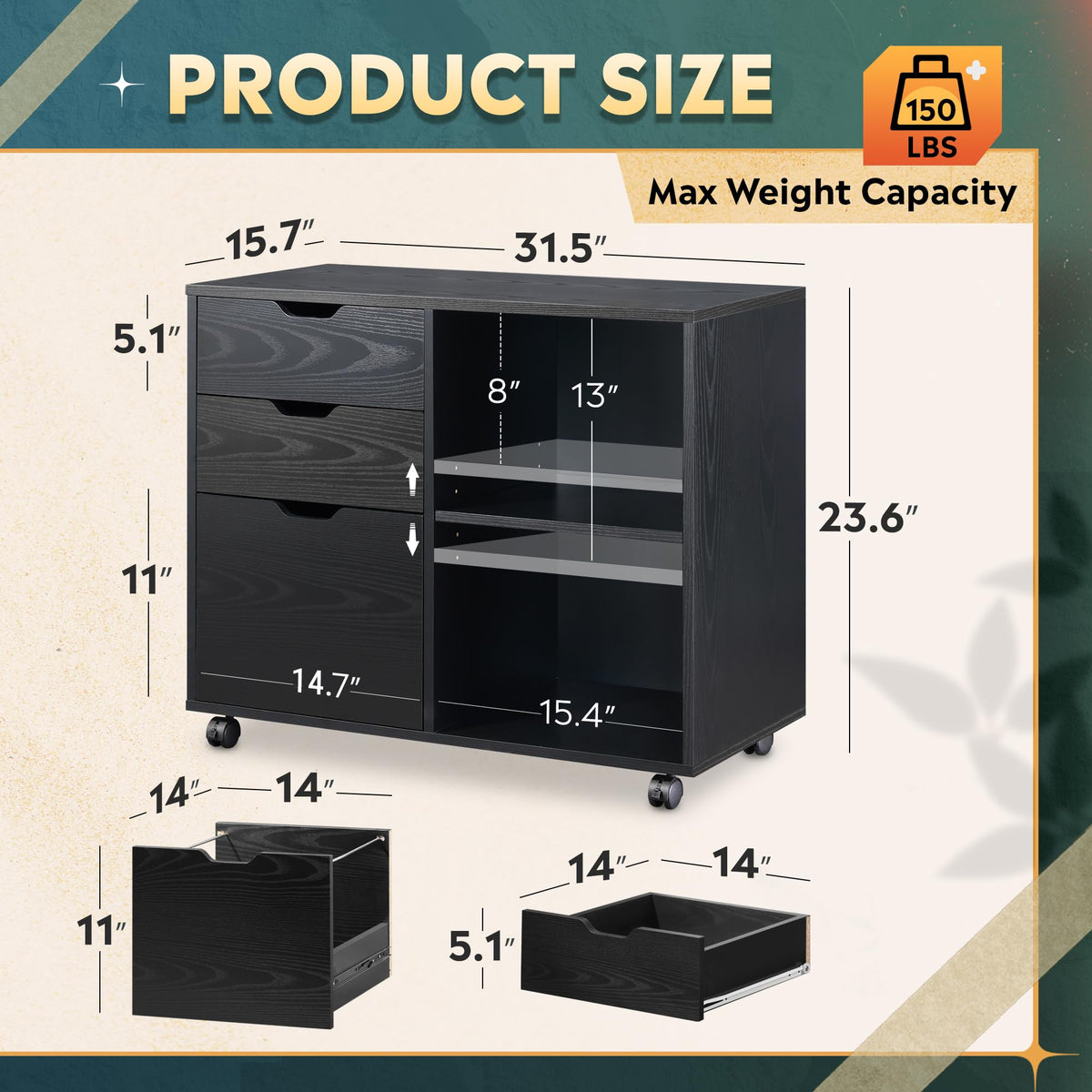 Black 3-Drawer Wood File Cabinet J846