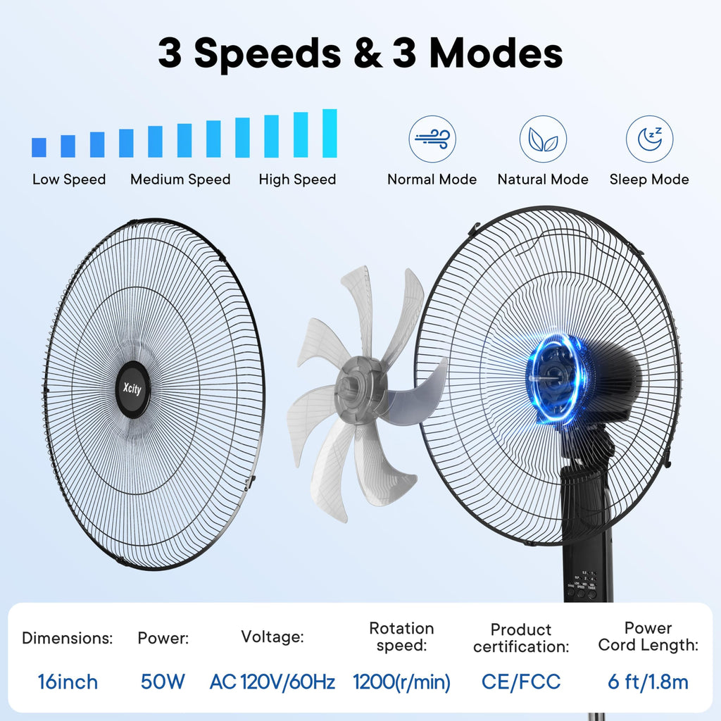 16 inch Oscillating Pedestal Fan, 3-Speed, Black S505