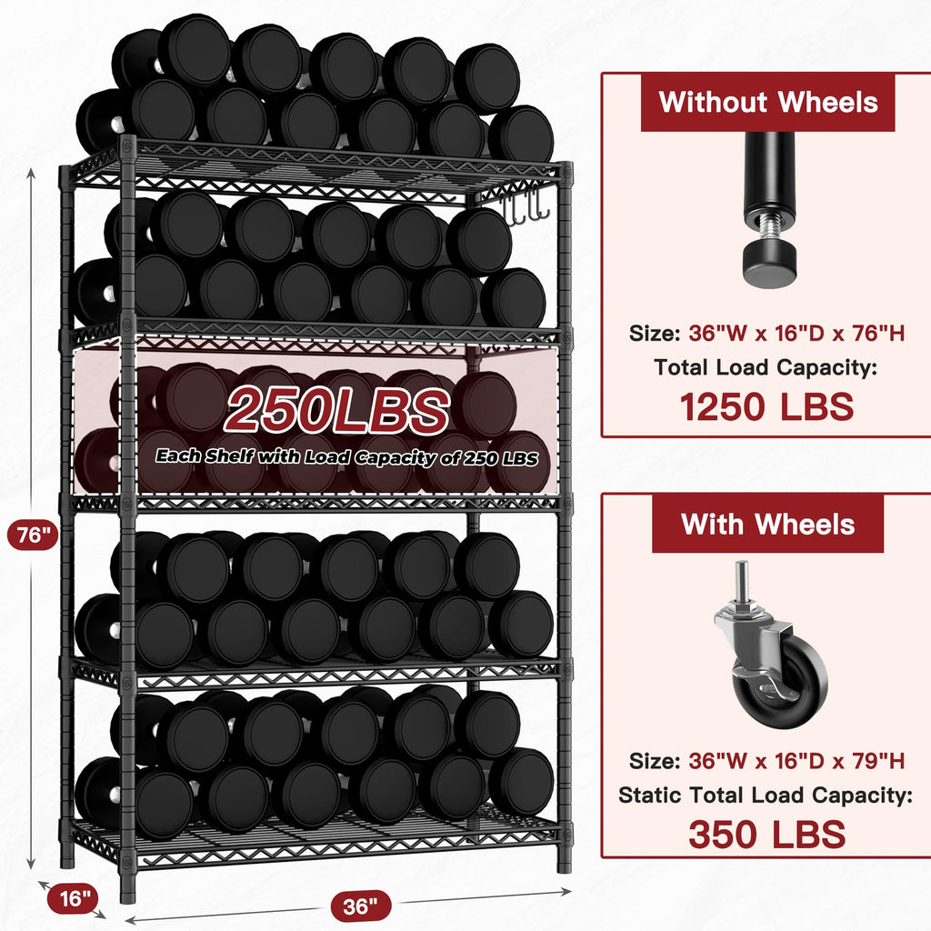 36"W x 16"D x 79"H 5-tier Metal Wire Shelving with Wheels A4631