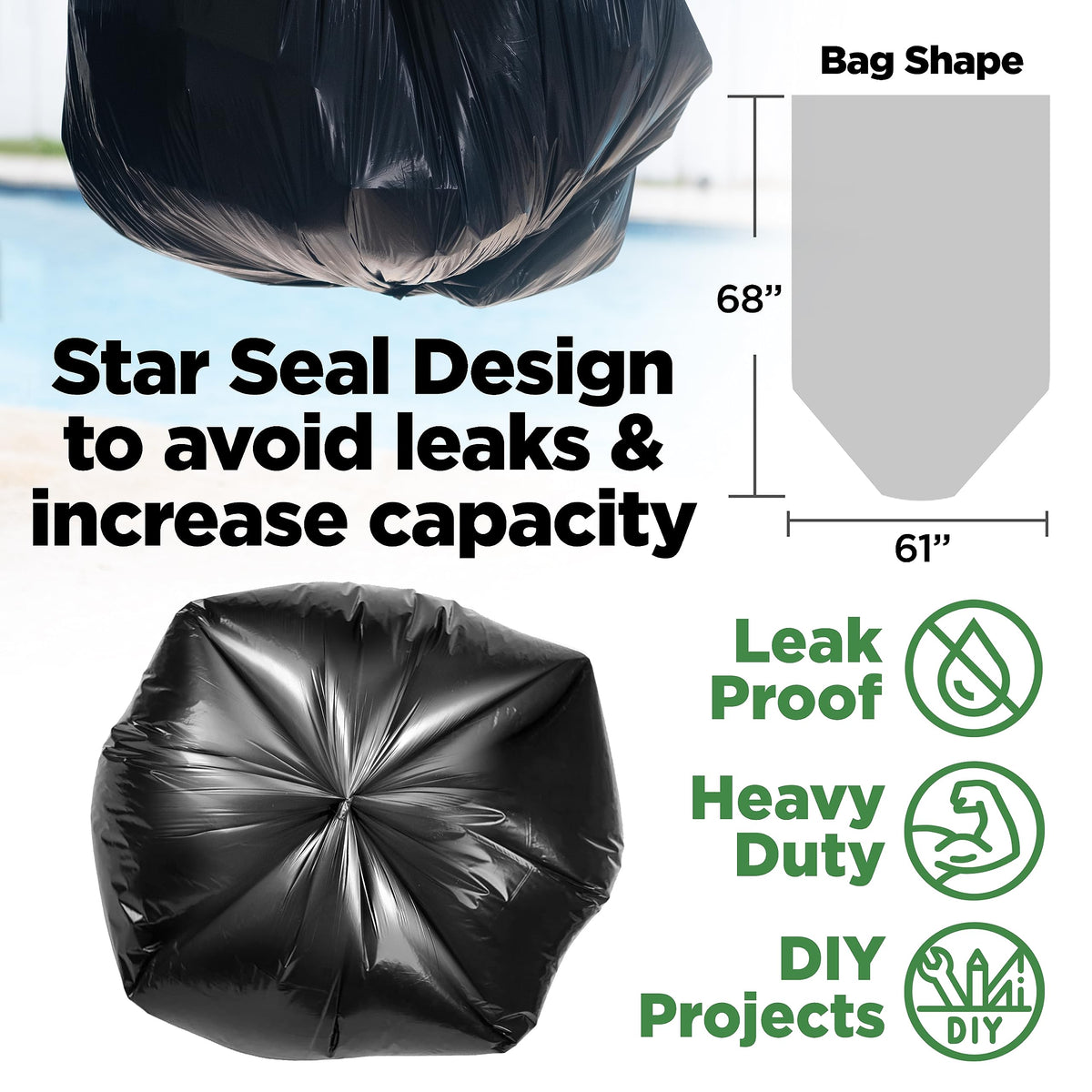 95 Gallon Heavy Duty Contractor Trash Bags, 25 Ct, Black, 1.2 Mil F7163