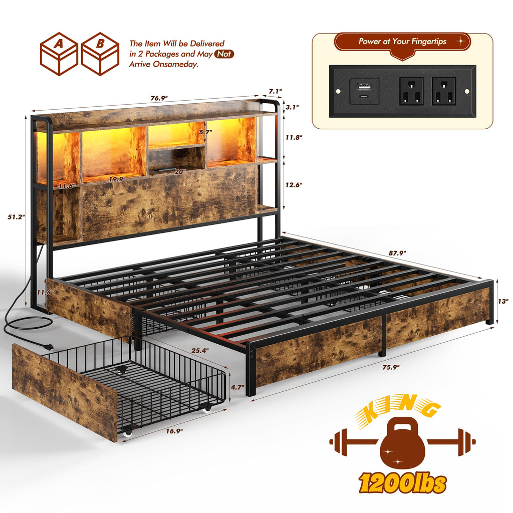 King Size Bed Frame with Storage Headboard & 4 Drawers R632