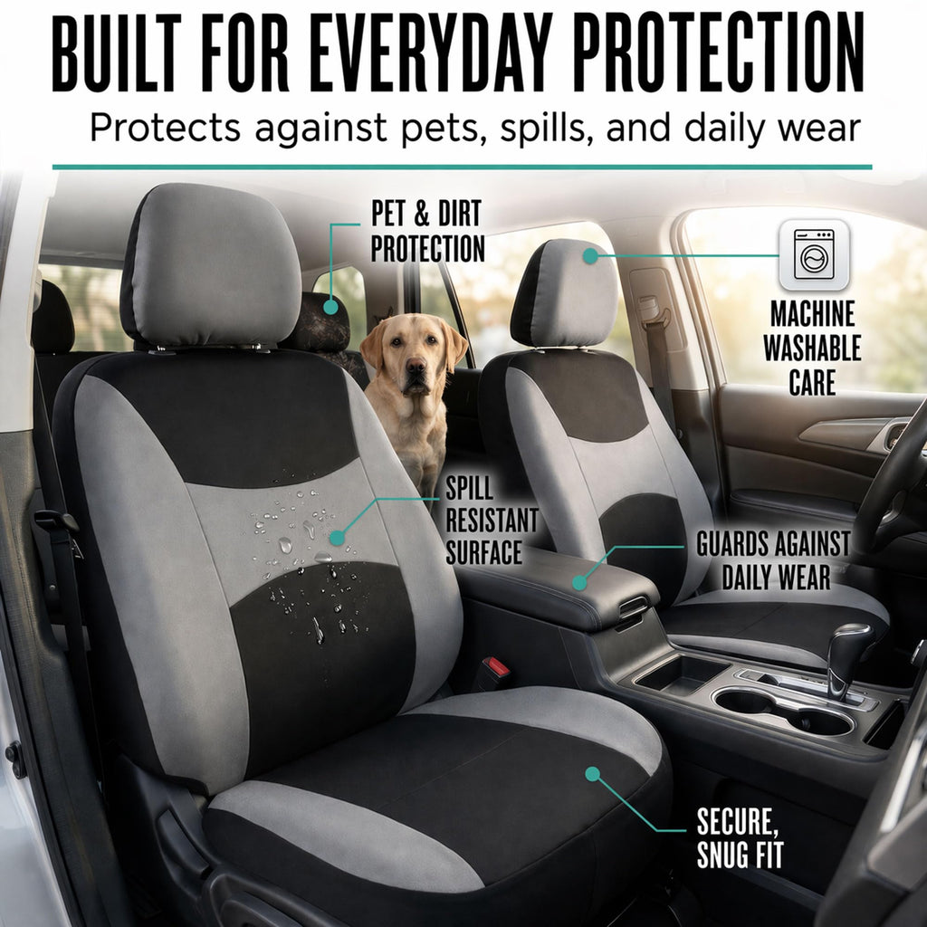 Gray Black Universal Fit Automotive Seat Covers Combo Set with Steering Wheel Cover and Seat Belt Pad K9338