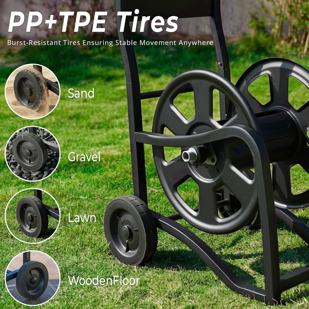 Heavy Duty Metal Garden Hose Reel Cart with Wheels, Holds 200FT Hose Y978