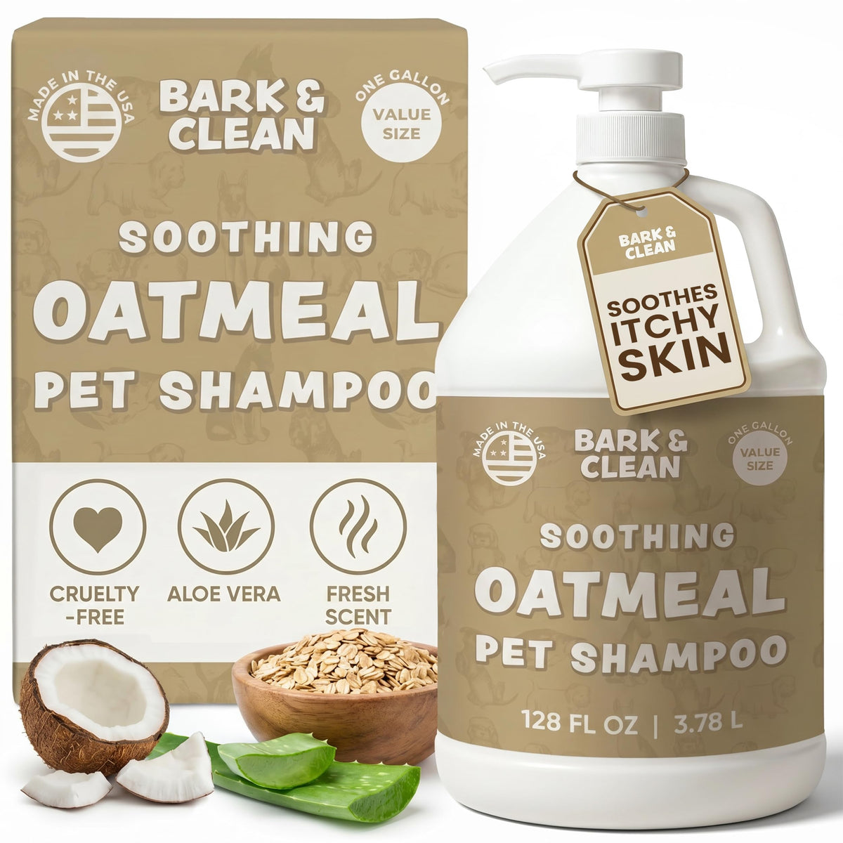 Oatmeal Dog Shampoo 1 Gallon with Pump Hypoallergenic Aloe Vera Coconut Oil K953