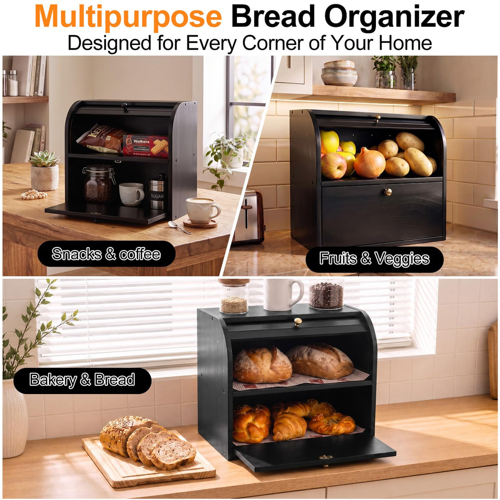 Black Roll Top Bread Box with Cutting Board Q687893
