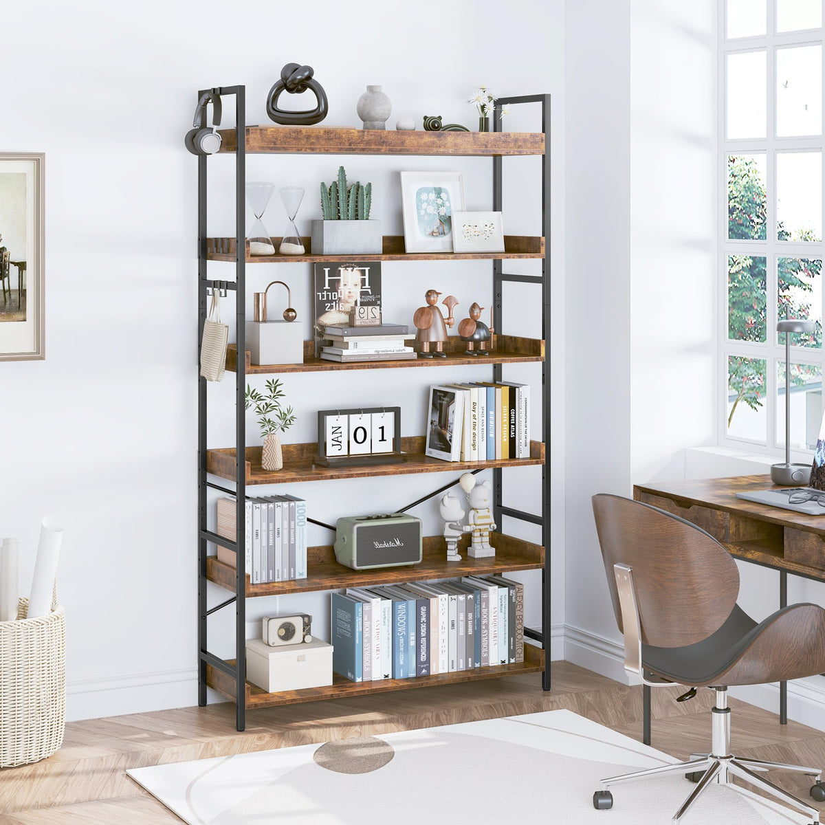 Adjustable 6-Tier Wood and Black Metal Bookshelf Q794433