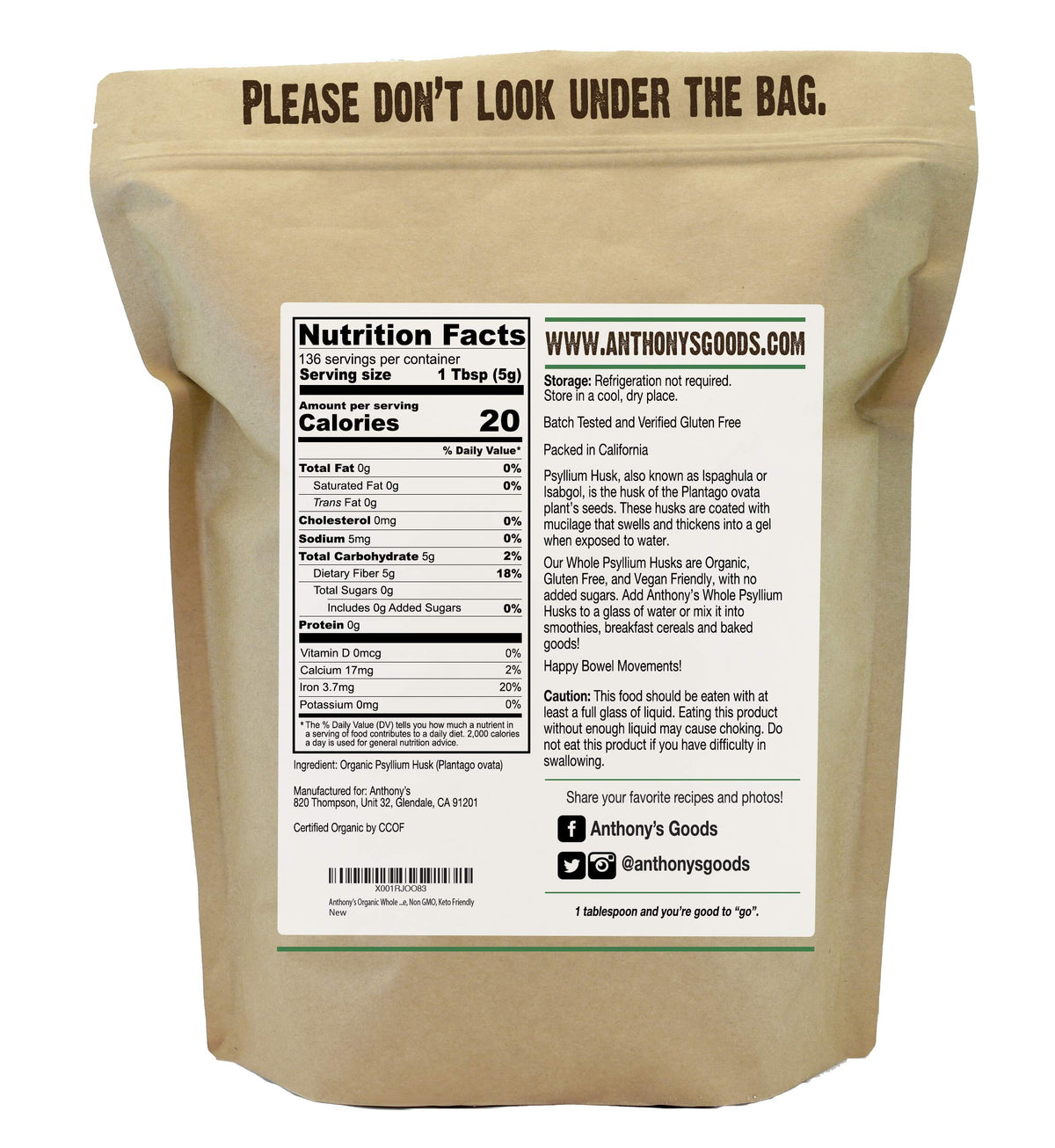 Organic Whole Psyllium Husks, 1.5 lb, Gluten Free X154