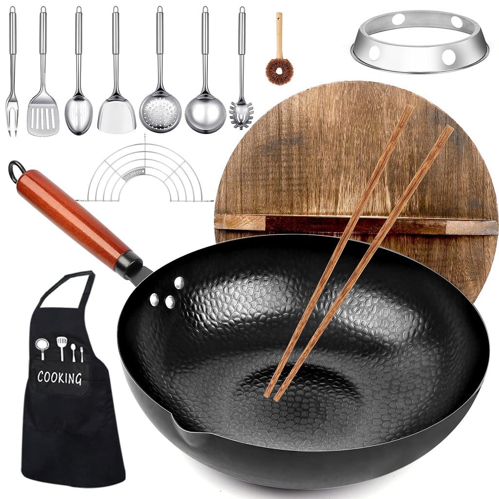 14 Piece Carbon Steel Wok Pan Set with Wooden Lid W283