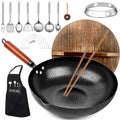 14 Piece Carbon Steel Wok Pan Set with Wooden Lid W283