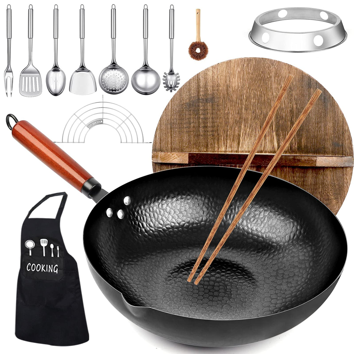 14 Piece Carbon Steel Wok Pan Set with Wooden Lid W283