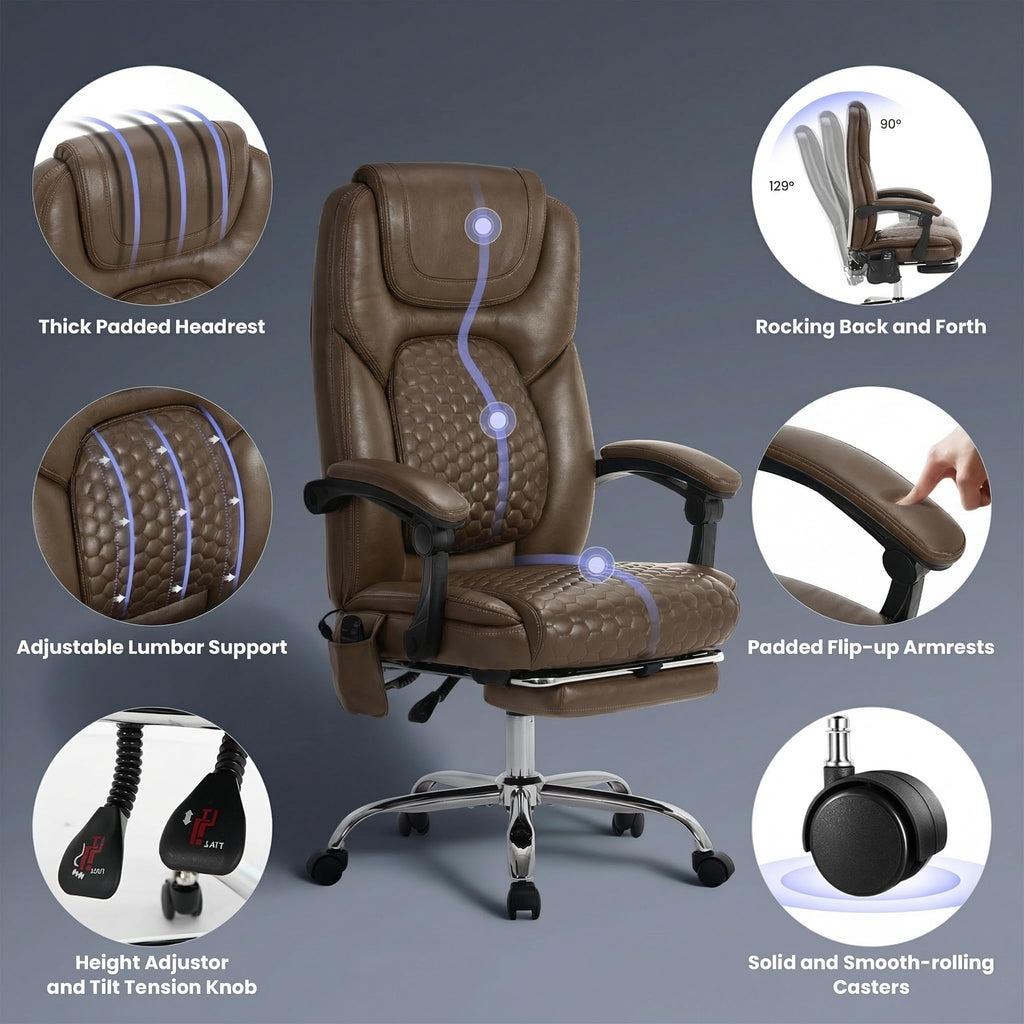 Brown Leather Massage Office Chair with Heat and Footrest U619154