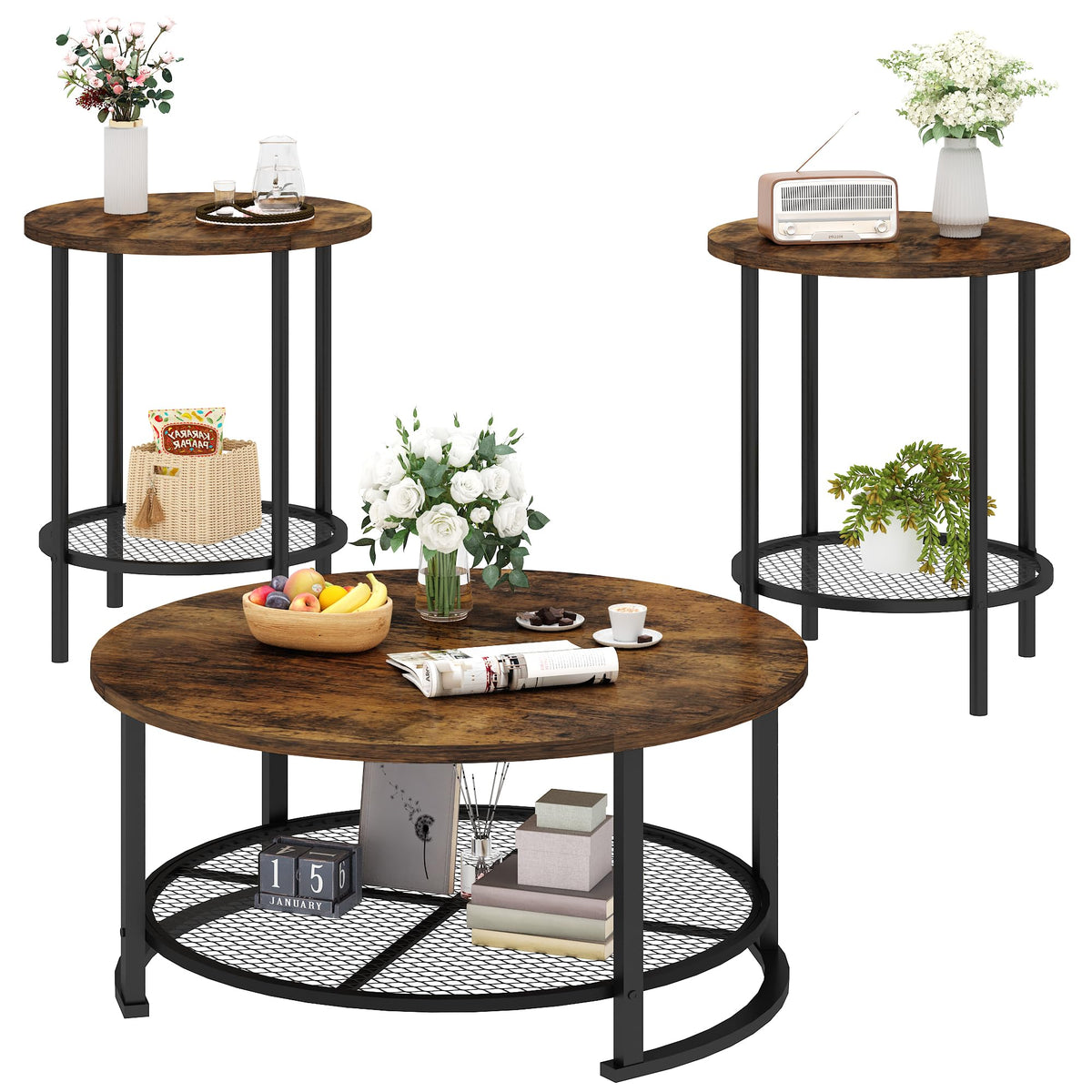 3-Piece Round Coffee Table Set with Storage F173