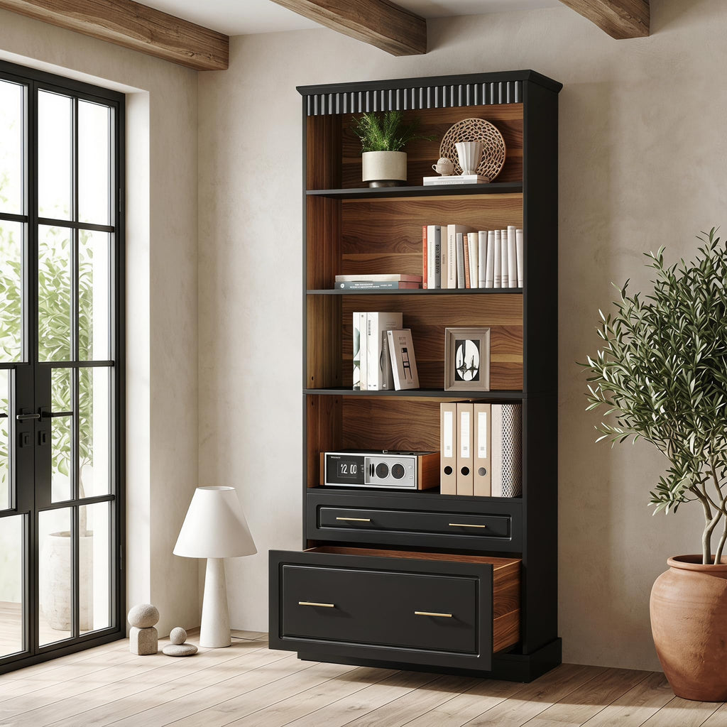 72" Tall Black 5-Tier Bookcase with 2 Drawers R5497