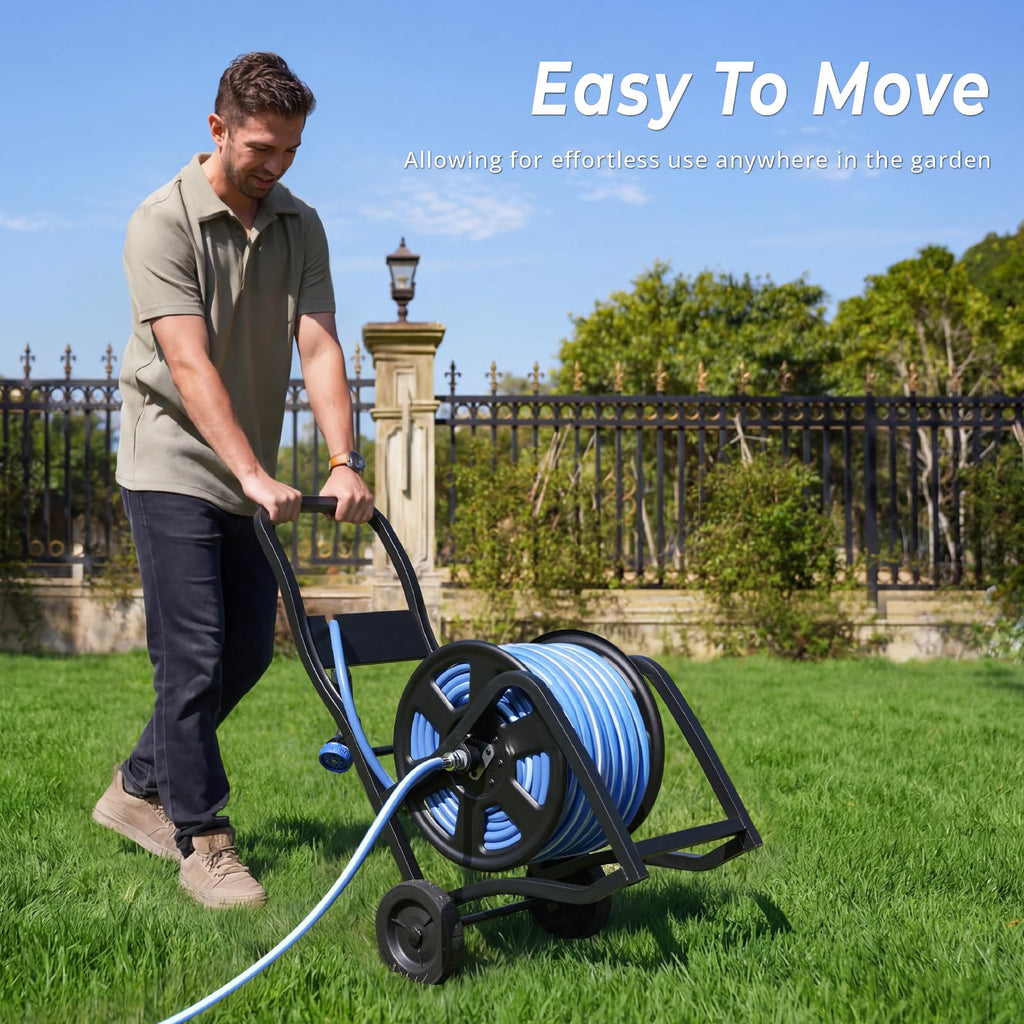 Heavy Duty Metal Garden Hose Reel Cart with Wheels, Holds 200FT Hose Y978