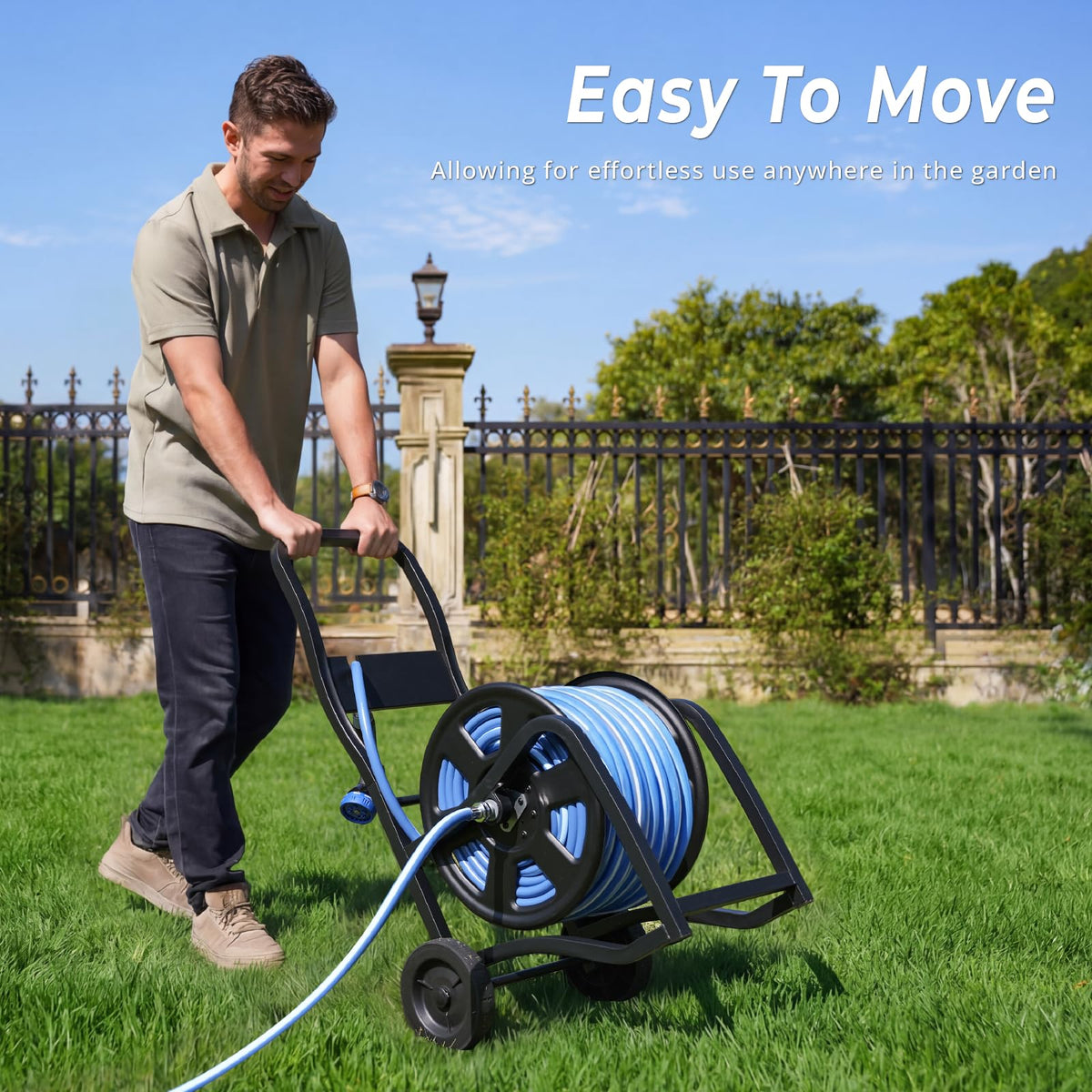 Heavy Duty Metal Garden Hose Reel Cart with Wheels, Holds 200FT Hose Y978