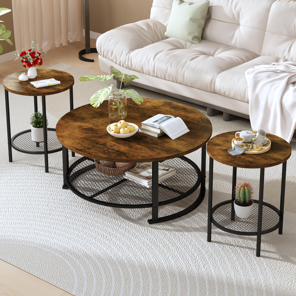 3-Piece Round Coffee Table Set with Storage F173