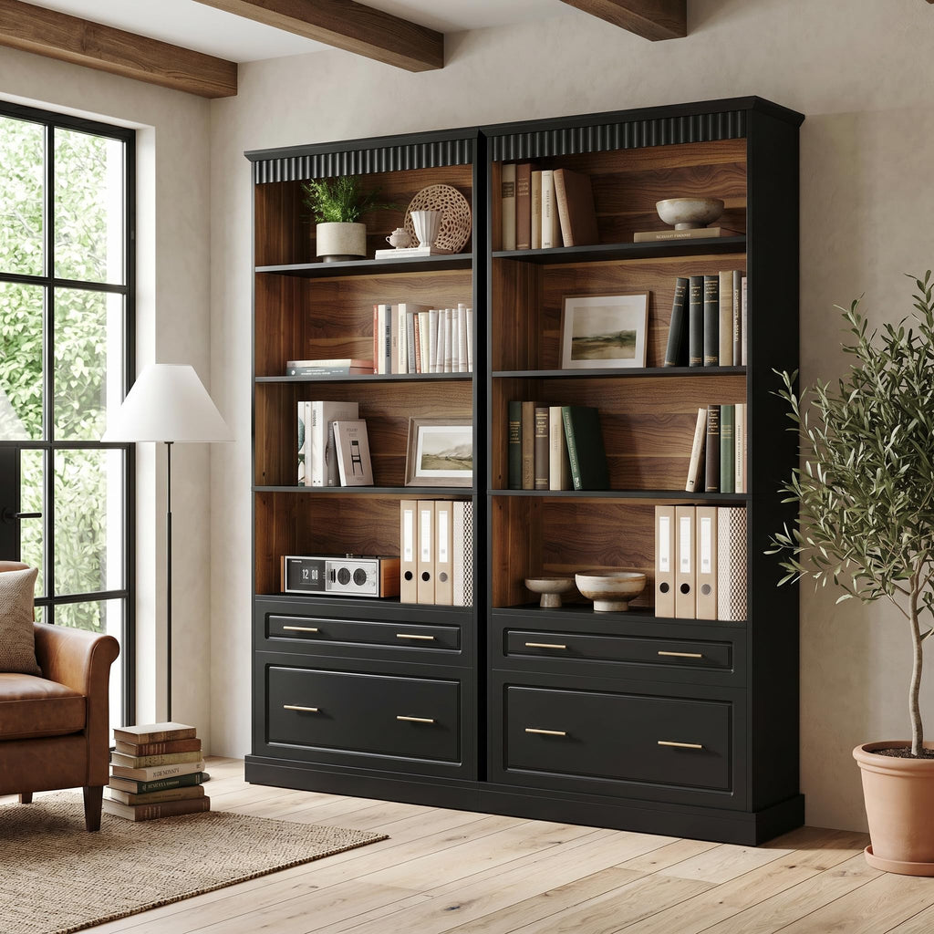 72" Tall Black 5-Tier Bookcase with 2 Drawers R5497