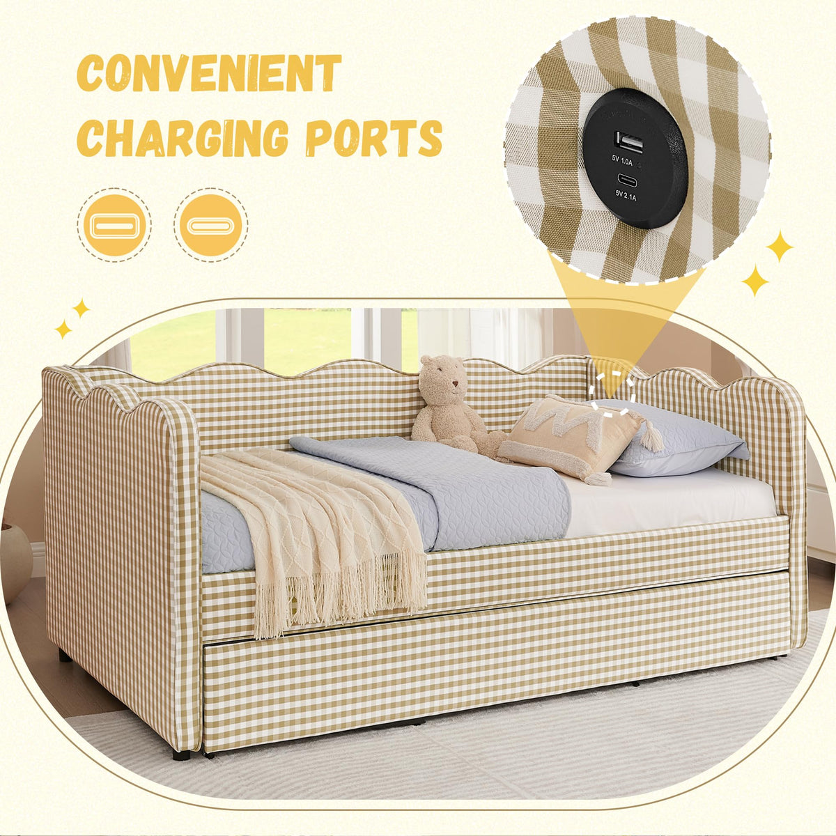 Twin Size Gingham Daybed with Trundle and USB Ports V352