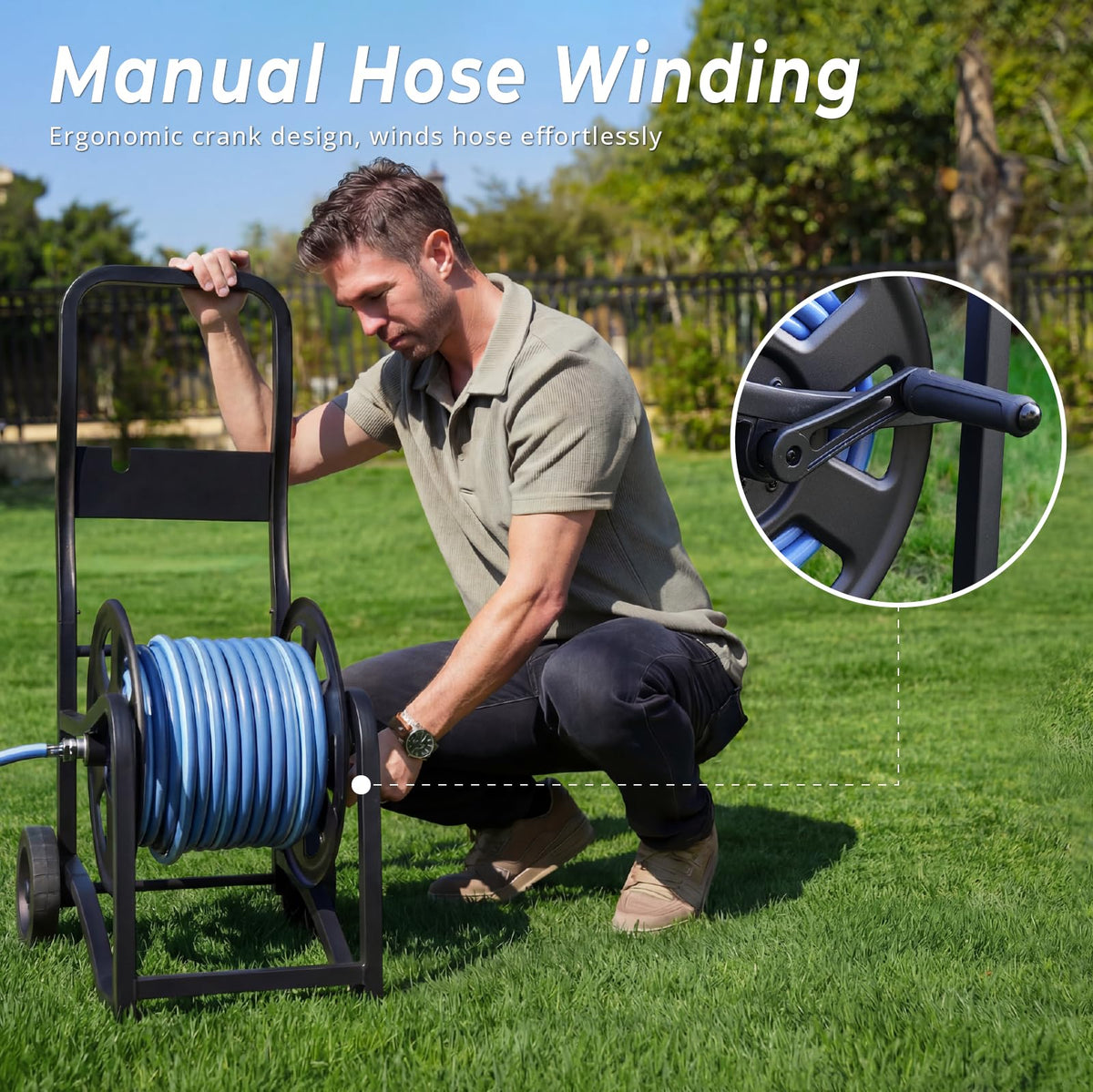 Heavy Duty Metal Garden Hose Reel Cart with Wheels, Holds 200FT Hose Y978