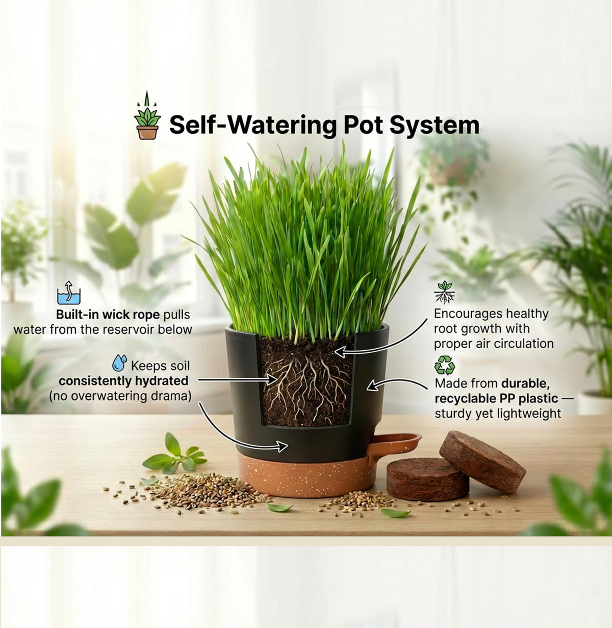 Cat Grass Gift Set with Self-Watering Pot & 3-Pack Refill W7481