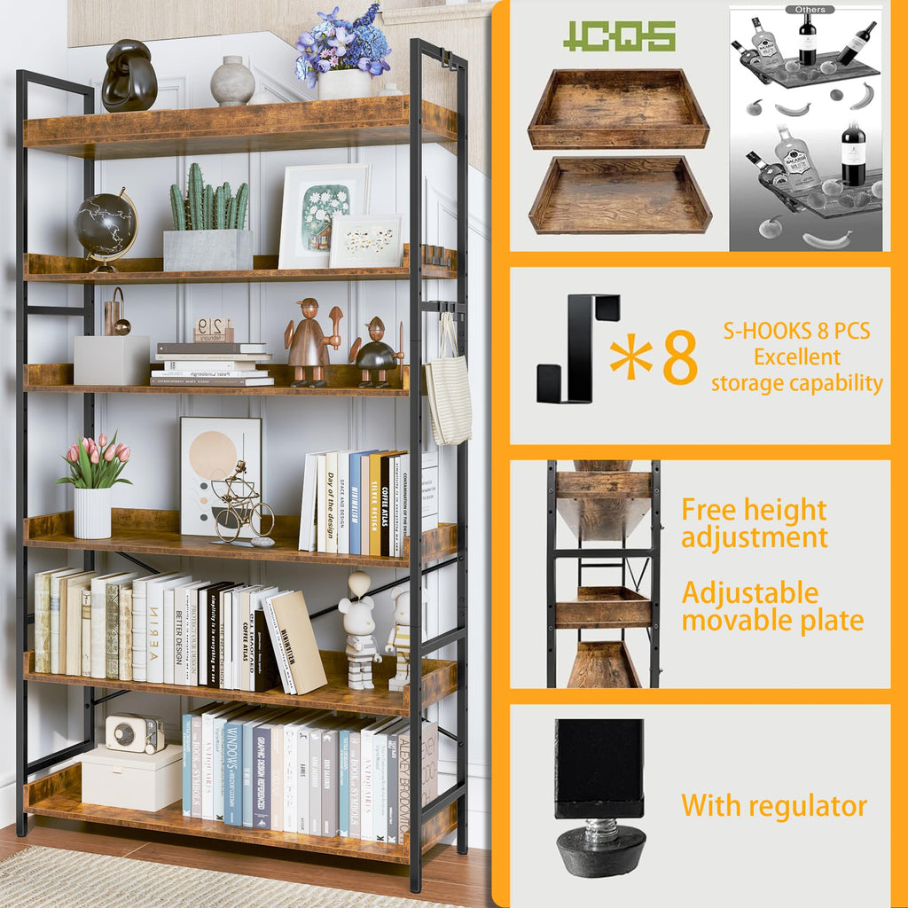 Adjustable 6-Tier Wood and Black Metal Bookshelf Q794433