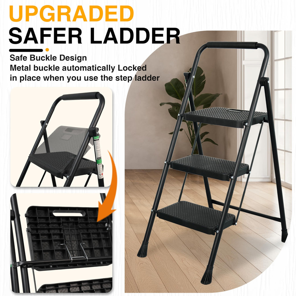 Portable Steel Folding Step Stool, 3-Step, Black R793295