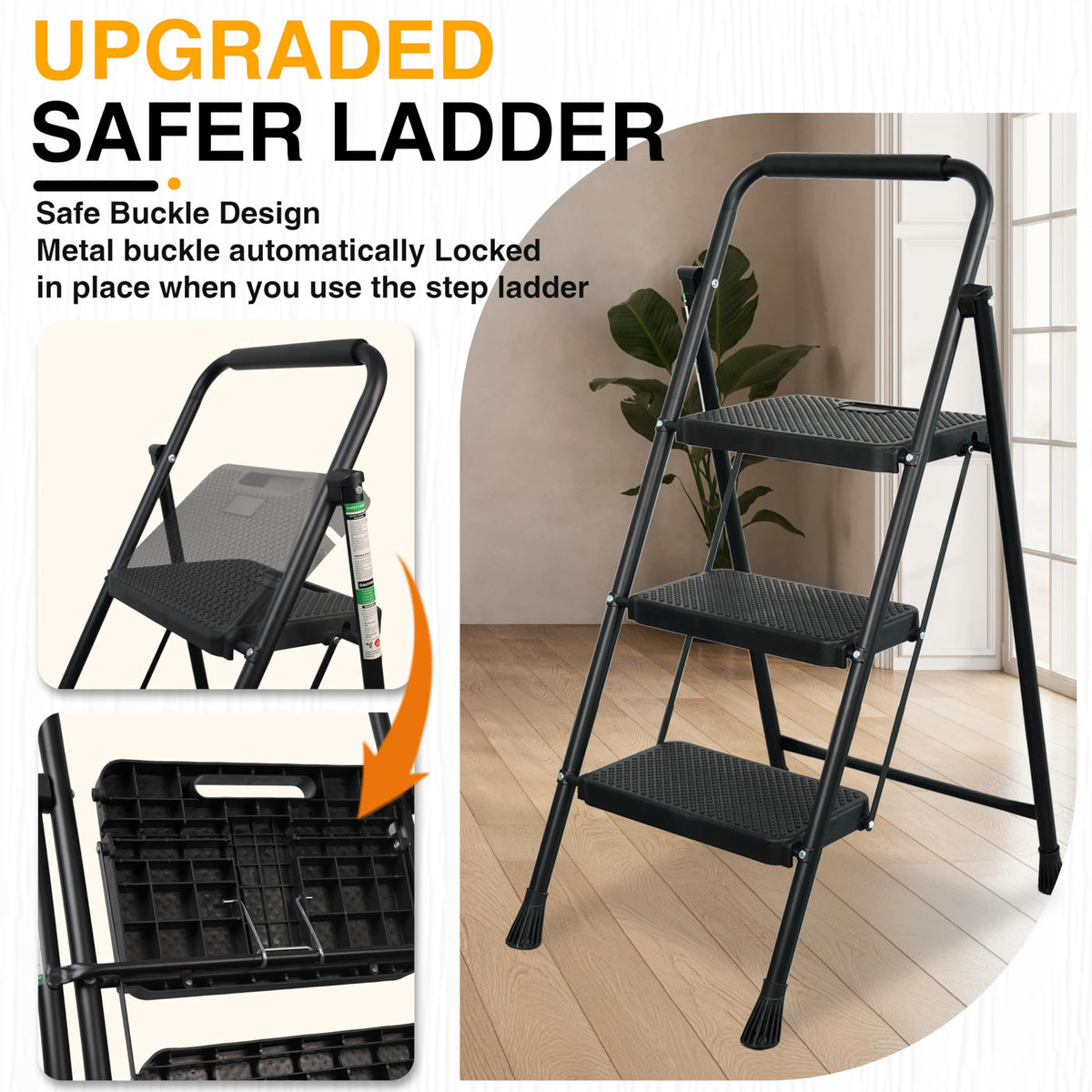 Portable Steel Folding Step Stool, 3-Step, Black R793295