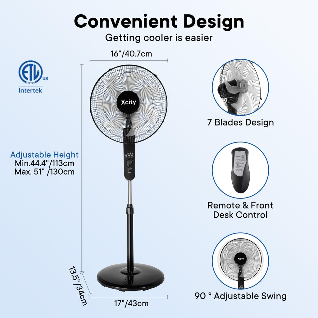 16 inch Oscillating Pedestal Fan, 3-Speed, Black S505