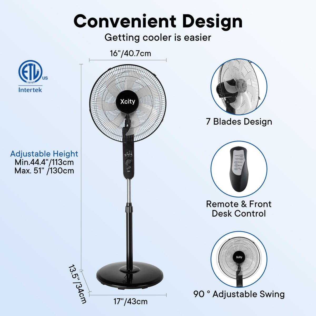 16 inch Oscillating Pedestal Fan, 3-Speed, Black S505