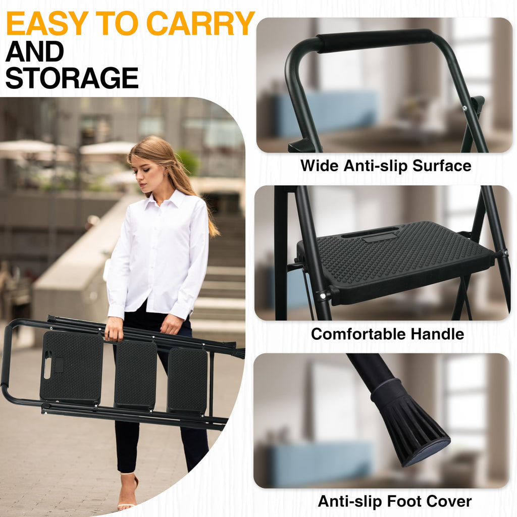 Portable Steel Folding Step Stool, 3-Step, Black R793295