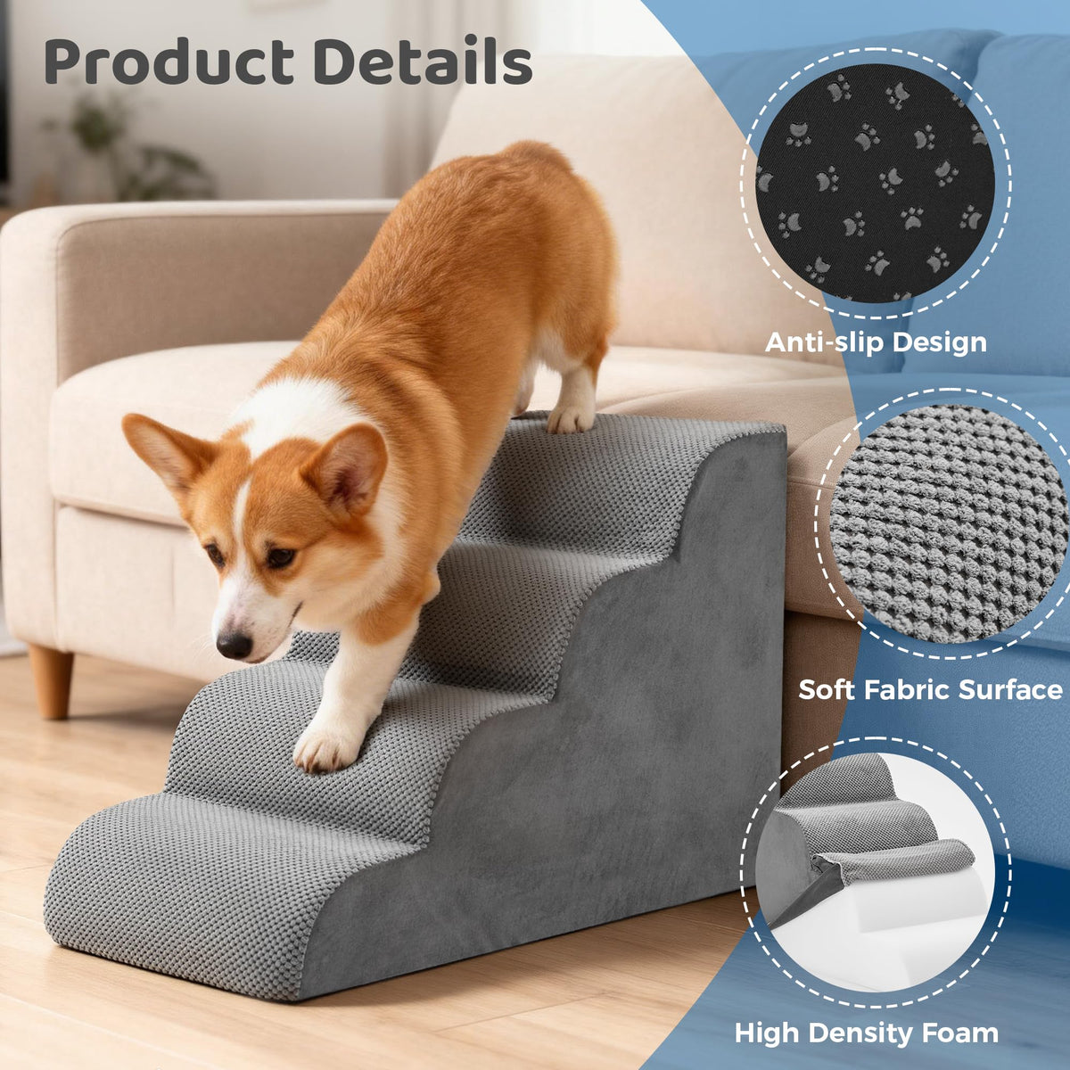 Grey 4-Step Curved Pet Dog Stairs G607