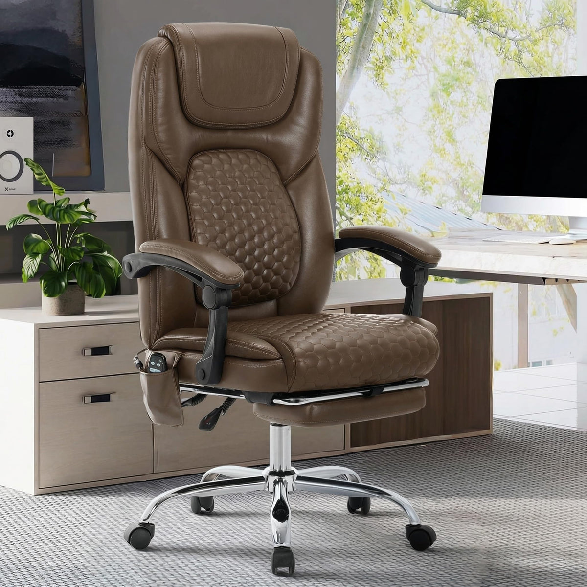 Brown Leather Massage Office Chair with Heat and Footrest U619154