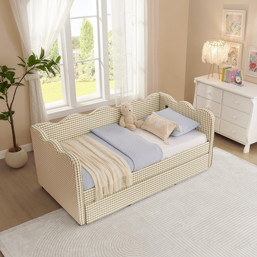 Twin Size Gingham Daybed with Trundle and USB Ports V352