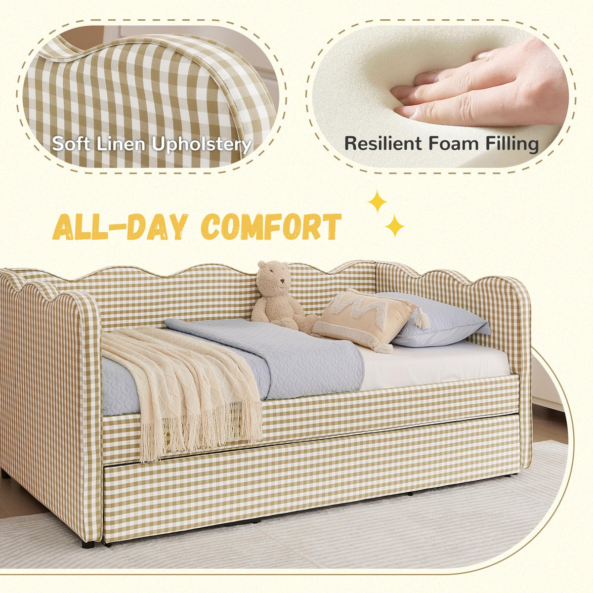 Twin Size Gingham Daybed with Trundle and USB Ports V352