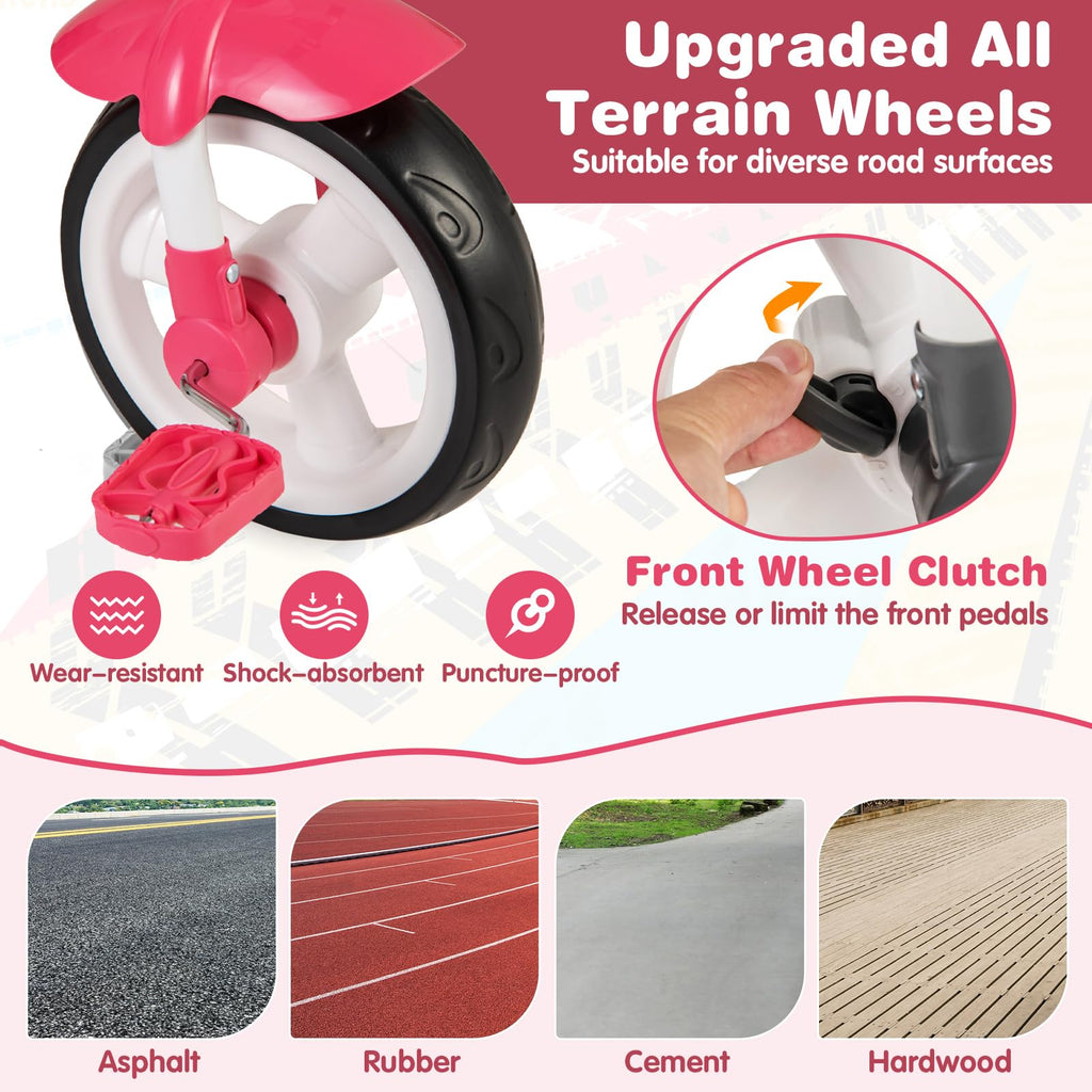 Pink 6 in 1 Toddler Tricycle with Parent Handle E9386