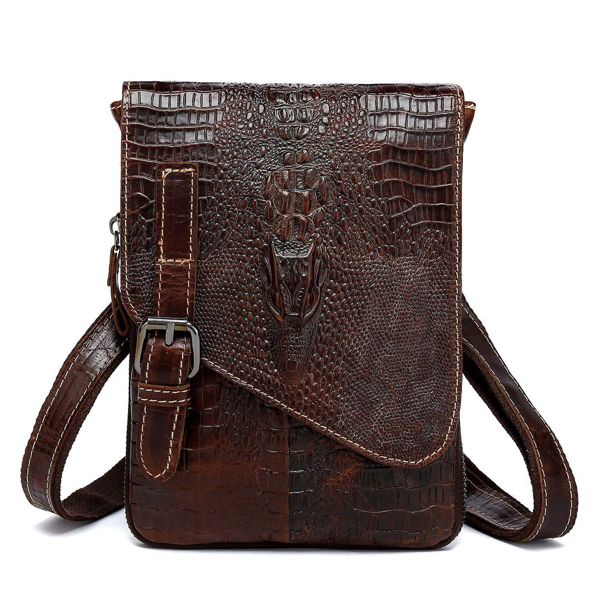 Brown Crocodile Embossed Genuine Leather Mini Messenger Bag I112