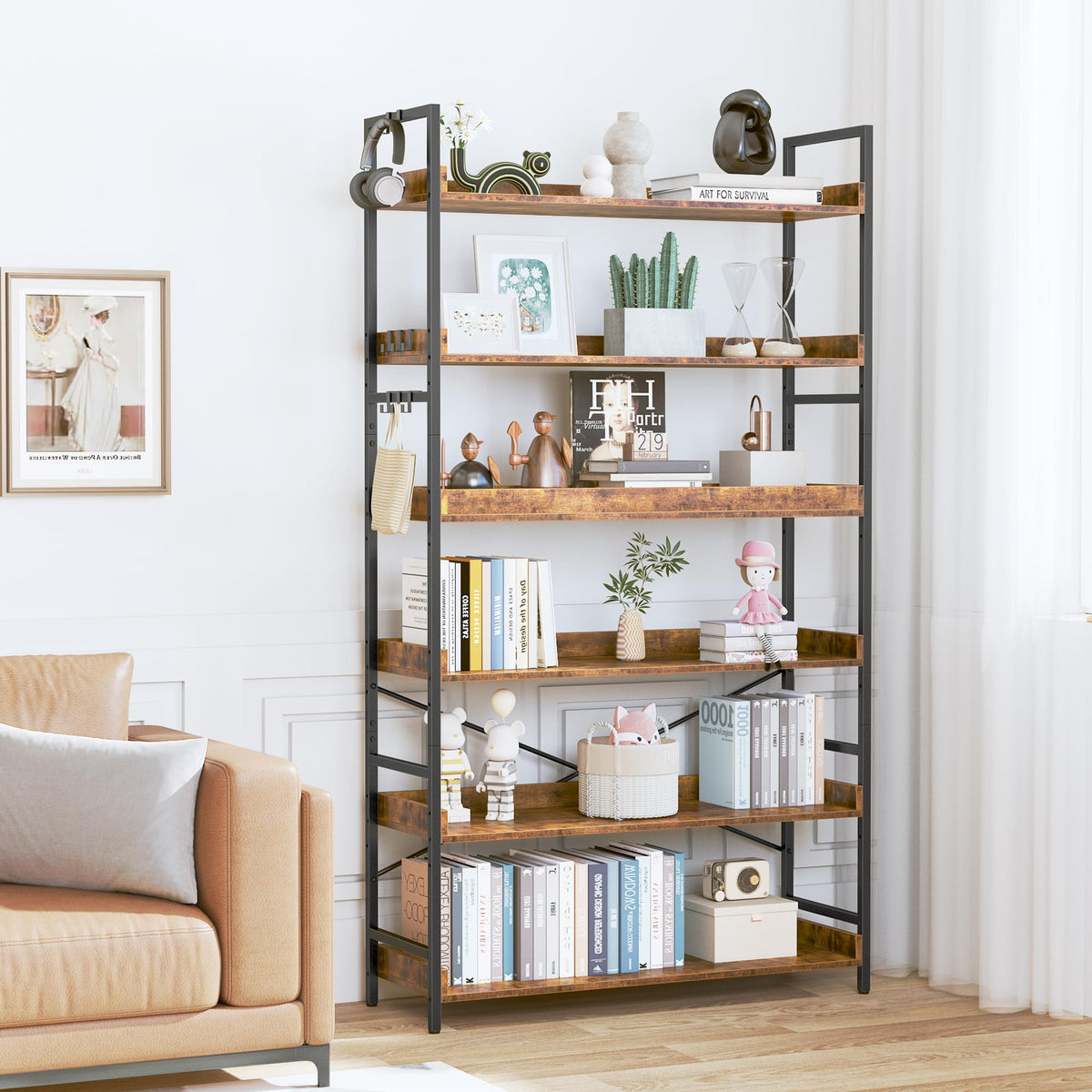 Adjustable 6-Tier Wood and Black Metal Bookshelf Q794433