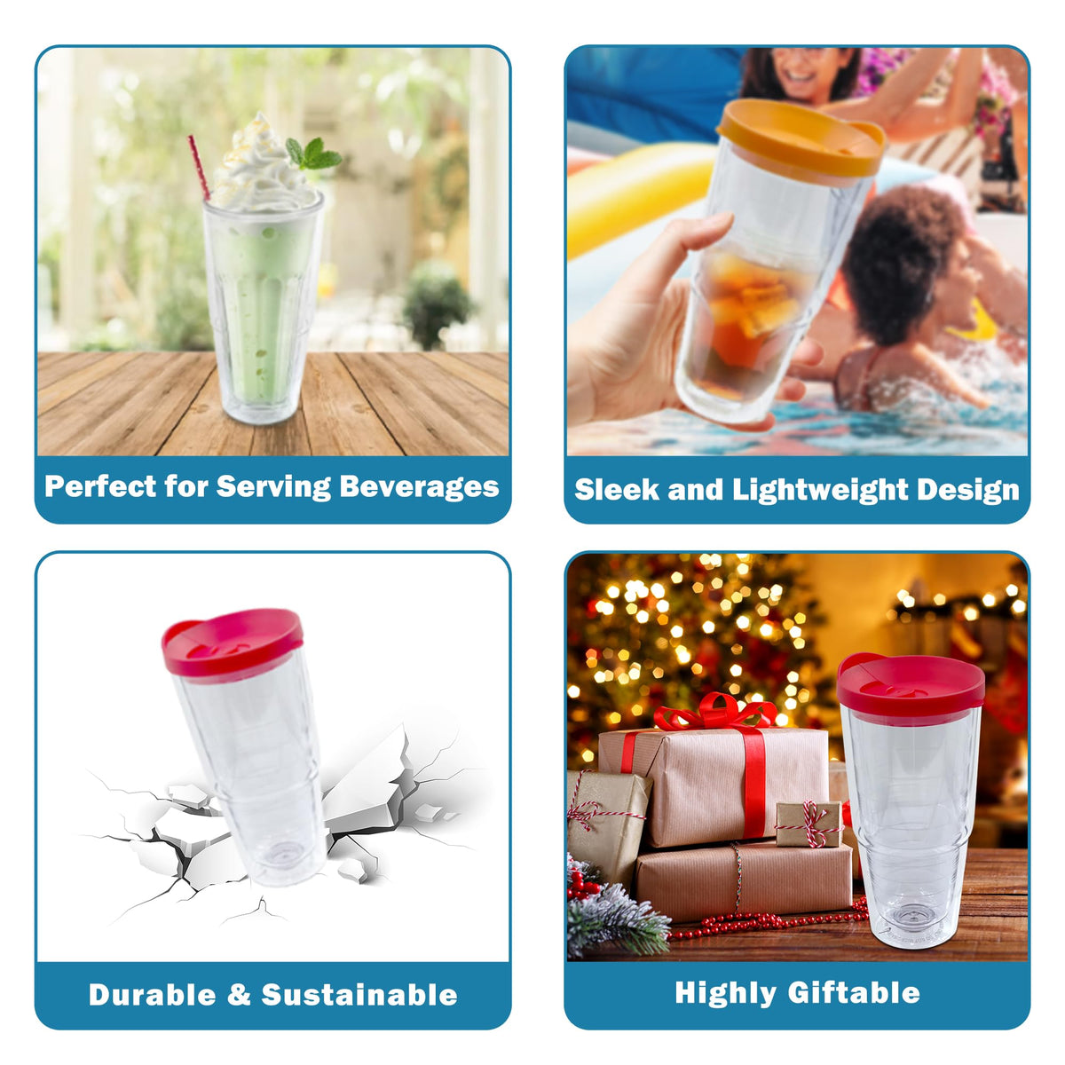 20 oz 4 Pack Double Wall Clear Acrylic Tumbler Cups with Lids T133477