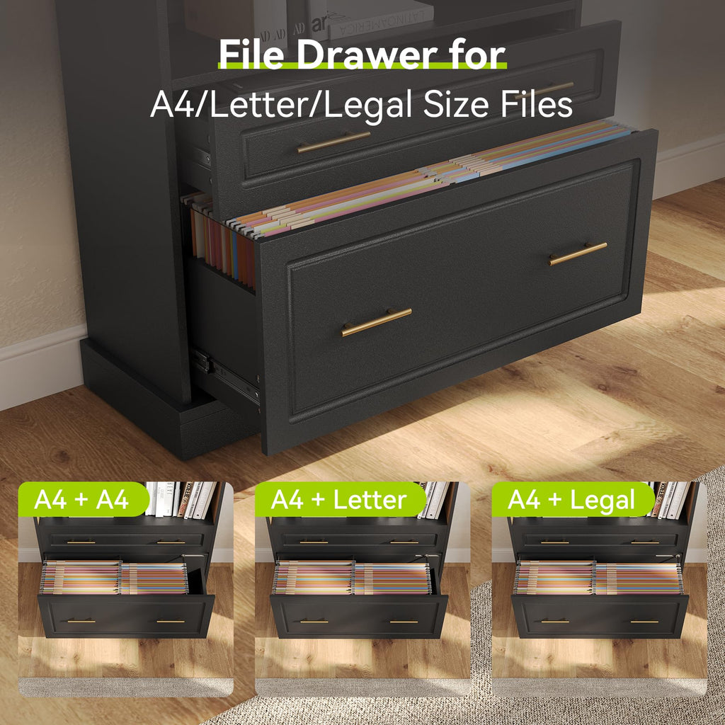 72" Tall Black 5-Tier Bookcase with 2 Drawers R5497