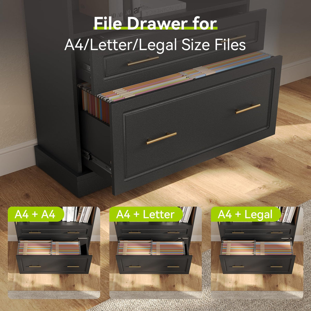 72" Tall Black 5-Tier Bookcase with 2 Drawers R5497