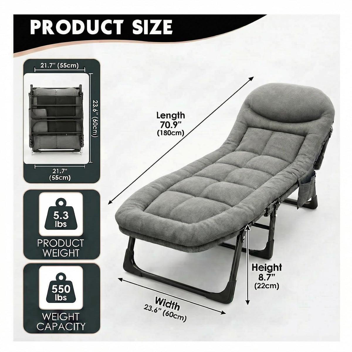 Folding Camping Cot with Mattress and Pillow, Grey I952618