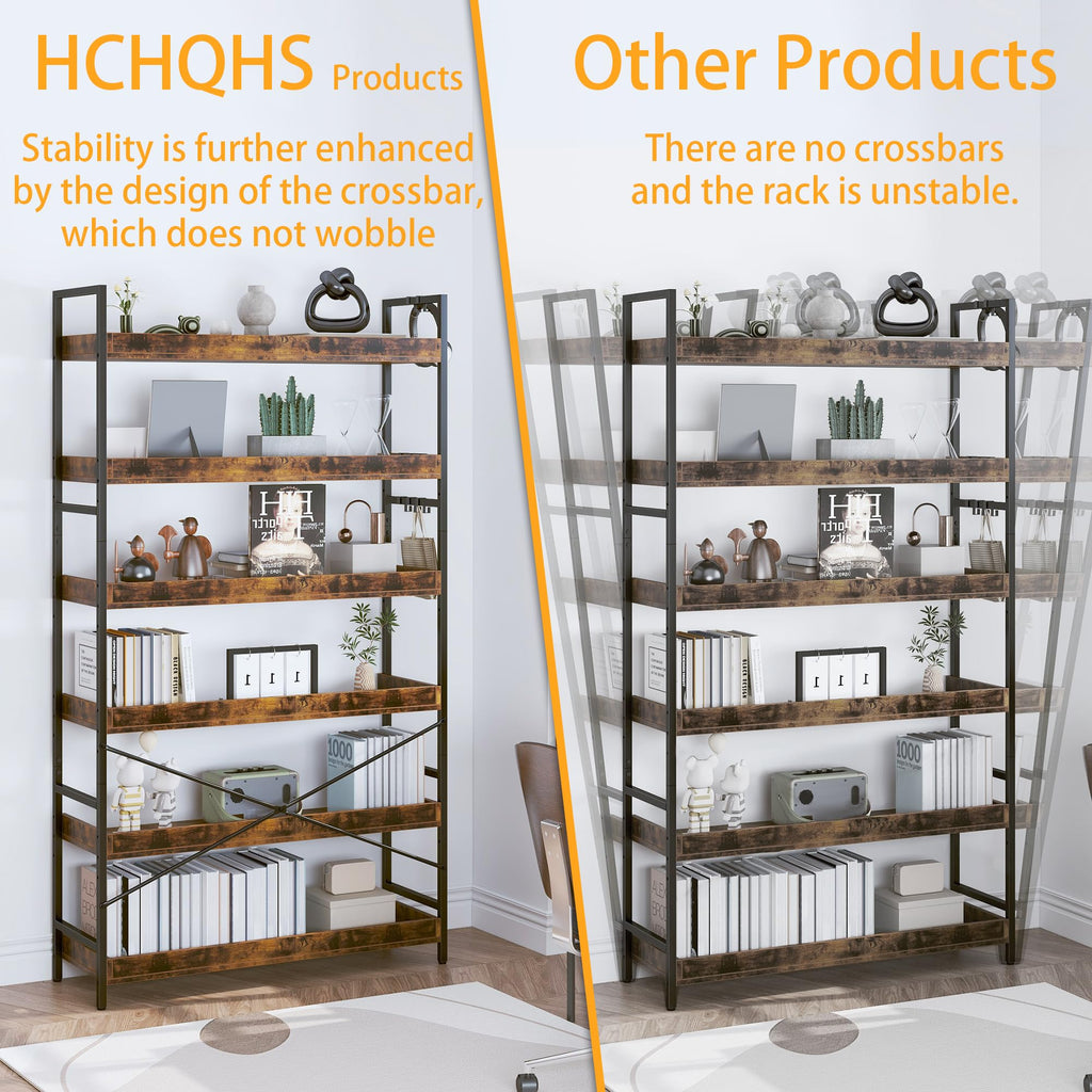 Adjustable 6-Tier Wood and Black Metal Bookshelf Q794433