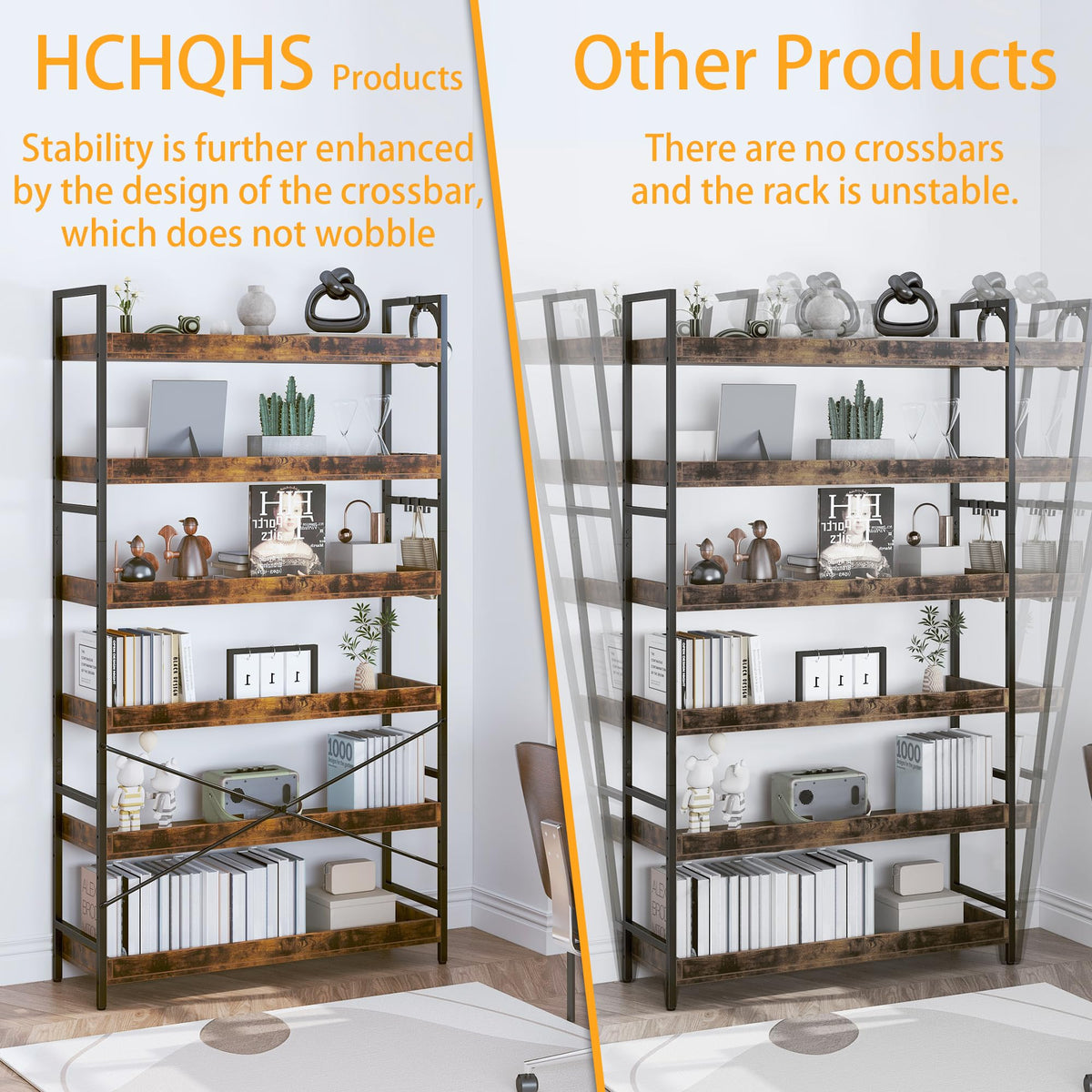 Adjustable 6-Tier Wood and Black Metal Bookshelf Q794433